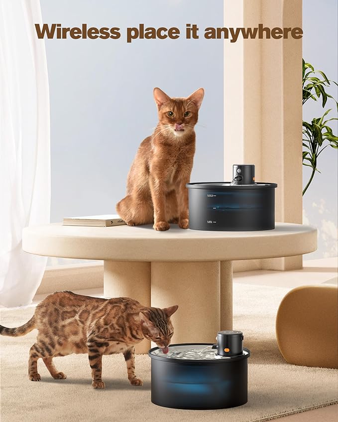 Wireless Cat Water Fountain Cordless | 108oz/3.2L Battery Operated Pet Fountain with Stainless Steel Water Tray + Plastic barrel (with 8 Filters & 8 Sponges)