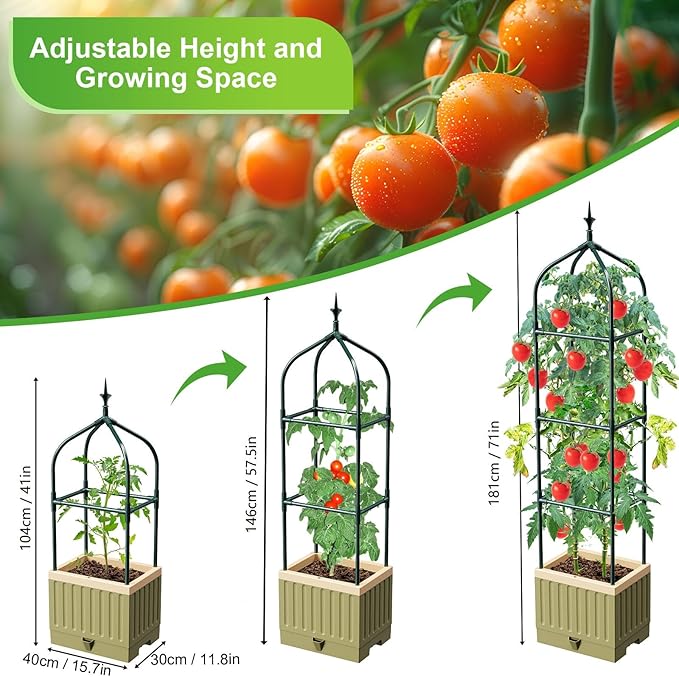 Raised Garden Bed Planter Box with Trellis, 71" Self-Watering Tomato Planter with Trellis for Climbing Vegetable and Plants, Tomato Cage Planters for Indoor Outdoor Patio Greenhouse Gardening (1Pack)
