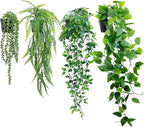 LOYWREE 4 Pack Fake Hanging Plants Artificial Ivy Vine Faux Potted Pothos Mandala Eucalyptus Boston Fern String of Pearls Trailing Plants for Shelf Room Office Home Wall Indoor Outdoor Decor