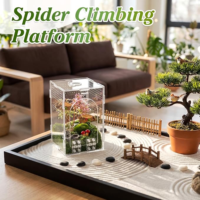 Jumping Spider Enclosure with Habitat Mini Figurines Set Acrylic Terrarium Habitat Mini Jumping Spider House Decorations for Tarantulas Snail Mantis Small Reptiles(Side Door)