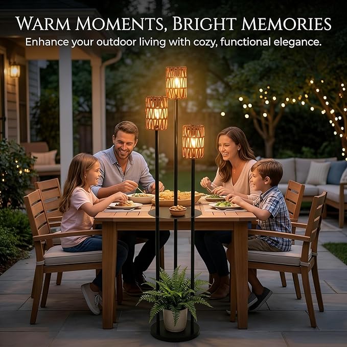 Solar Outdoor Floor Lamp Waterproof, Cordless Outdoor Lamps for Patio with Shelves Plant Stand, Rattan Solar Lamp for Outside, Wireless Outdoor Light for Yard Garden Deck Porch Decor