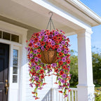 Fake Artificial Hanging Flowers for Outdoors Fake Plants Decoration, 2 Bundles Faux Silk Colorful Daisy Eucalyptus Realistic UV Resistant for Outside Home Planter Porch Patio Yard Decor(Purple Red)