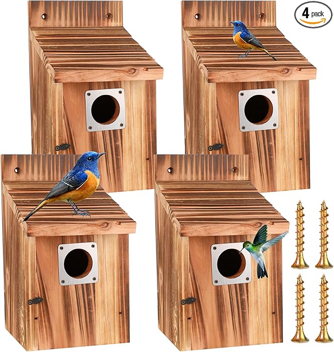 4-Piece Outdoor Bird House Set, Bird Houses for Outside with Metal Guards, Safety Locks, Flight Slots, & Ventilation, Bluebird Houses with 1-1/2" Entrance for Bluebirds, Wrens, Finches