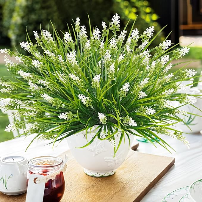 obbsie 36 Bundles Artificial Plants Outdoor, 18.2" UV Resistant Faux Monkey Grass Greenery Stems No Fade Faux Plastic Flowers Shrubs for Home Weddings Garden Porch Front Patio Office Decor- White