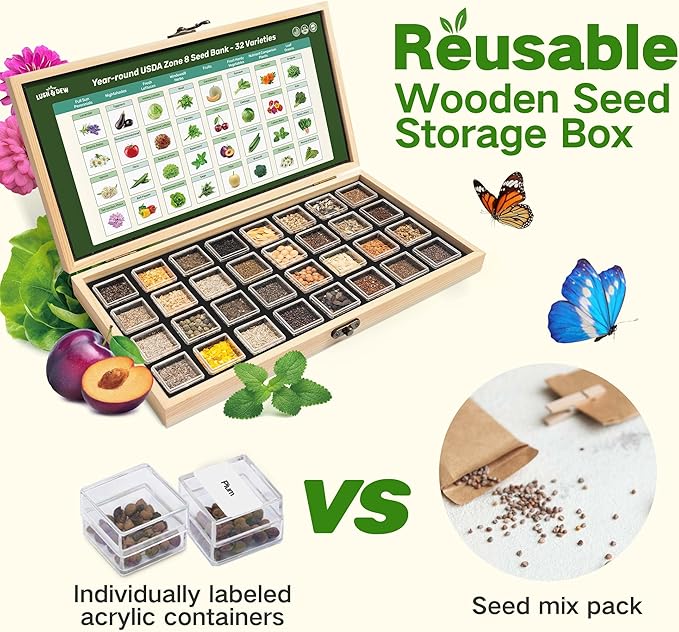 USDA Zone 8 Heirloom Seed Bank, 30,000+ Non-GMO 32 Varieties of Heirloom Seeds for Planting Vegetables Herbs, Survival Seed Kit for Raised Garden Bed Greenhouse, Gardening Gifts for Women Men