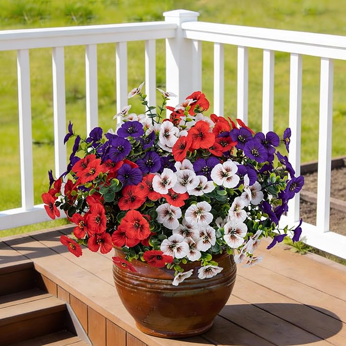 17 Inch Artificial Faux Pansy Flowers for Outdoor,Fake Pansies Flowers with Eucalyptus Leaves Fake Plants Greenery Boxwood Porch Patio Decor 6 Bundles(Dark Purple,Red,White)