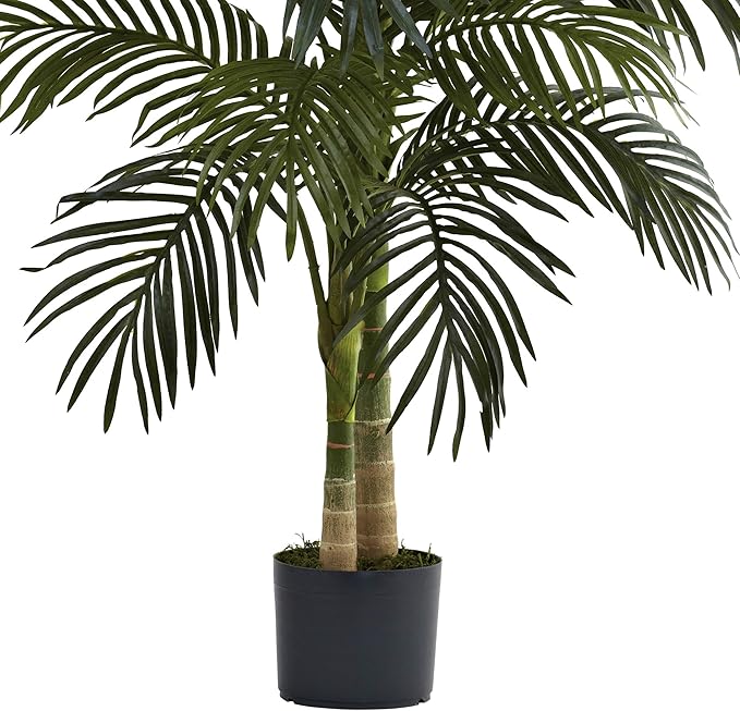 Nearly Natural 4-FT Artificial Golden Cane Palm Tree, Set of 2 Fake Palm Trees with Two Realistic Trunks and 10 Lifelike Palm Fronds, Faux Palm Plants for Indoor Home Décor with Black Nursery Planter