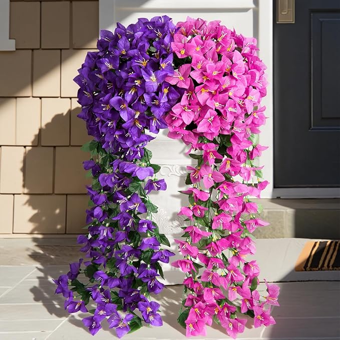 ATTGREAT Artificial Bougainvillea for Outdoors Faux Plants UV Resistant Flowers Fake Plastic Plants Realistic Silk Flowers for Porch Planter Garden Hanging Decoration, 2Pcs (Purple & Purple Red)