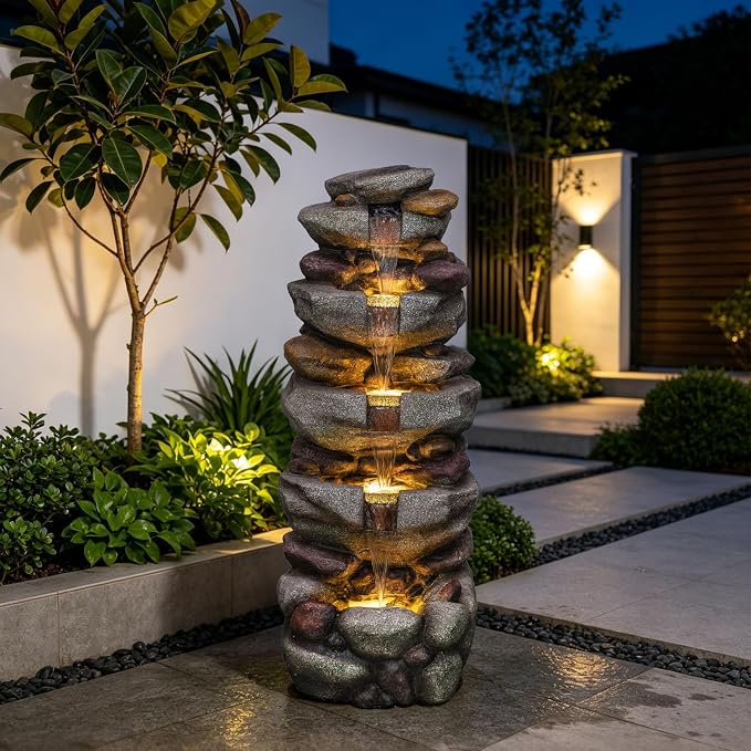 Solarbloom 38.9" H Large Outdoor Fountain, 5-Tier Cascading Rock Waterfall Fountain with LED Lights, Freestanding Water Feature for Garden Patio Backyard Porch Decor
