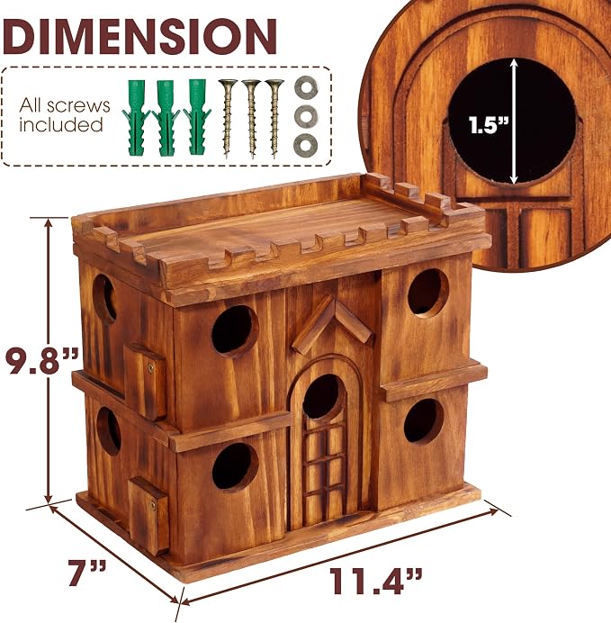 MIXUMON Wooden Bird Houses for Outside – 9 Rooms Large Bird House, Carbonized Pine Rustic Finish, 1.5" Entrance Holes, Cleaning Doors, Outdoor Birdhouse Nesting Box (Rustic, 9 Rooms)