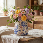 Ceramic Scroll Planter 6.5 Inch Chinoiserie Floral Vase with Drainage Holes Vintage Flower Vase Flower Pot Rustic Ceramic Pots for Indoor Plants Garden Home Bookshelf Decor(Blue, Red)