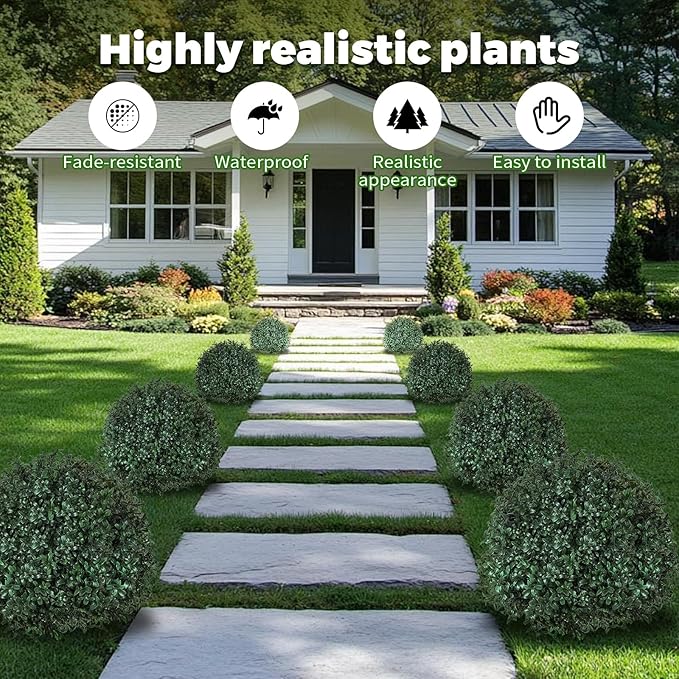 2 Pack Artificial Urn Filler, Artificial Boxwood Topiary Shrubs, UV-Resistant Evergreen Plants, Indoor/Outdoor Decoration, Suitable for porches, courtyards, Gardens, and Flower beds