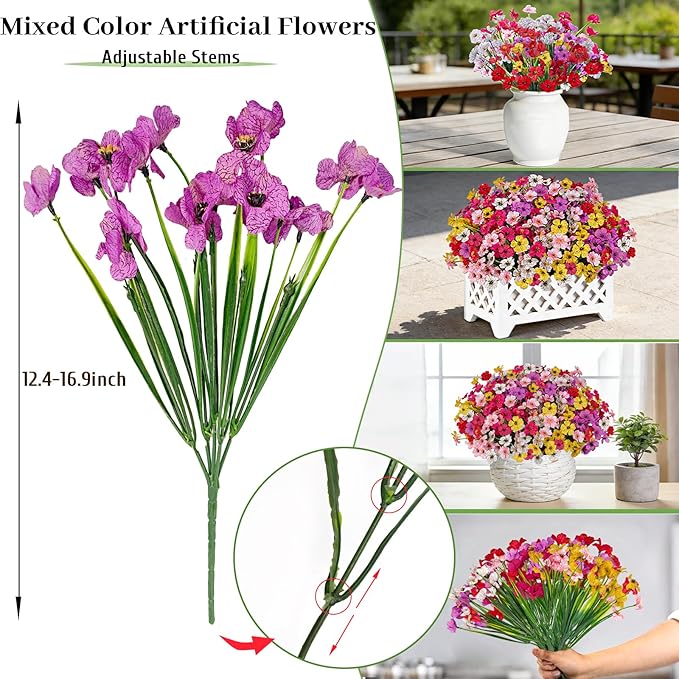 Uieke Artificial Flowers for Outdoors, 24 Bundles UV Resistant Faux Flowers No Fade Fake Plastic Plants for Outside Indoor Home Garden Porch Wedding Spring Summer Decor(Mix Color)