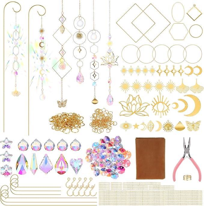 230 Pcs DIY Crystal Suncatcher Kit Lotus Style Sun Catchers Making Supplies Kit with 3 Size Tall Trellis for Potted Plants Indoor Plant Stake Suncatcher Decoration for Office Home