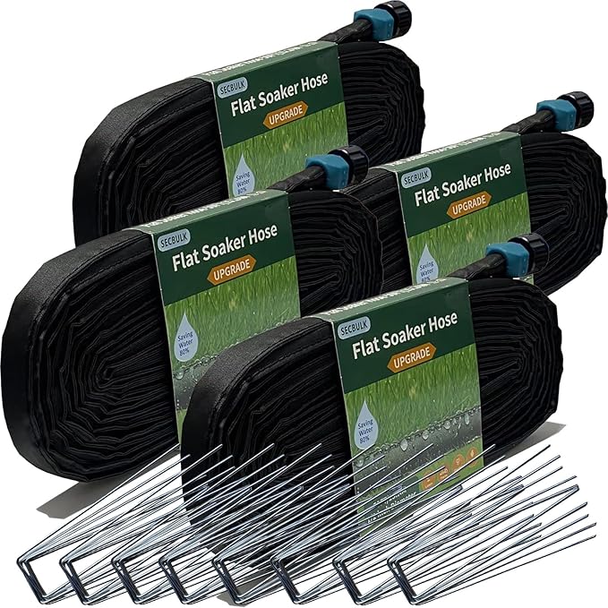2026 Flat Soaker Hose 200 ft with Stakes for Garden, 50ft x 4 Linkable Drip Hose Diy Garden Irrigation System Saving 80% Water, Dual-layer Leak-free Design Water Hose with Holes