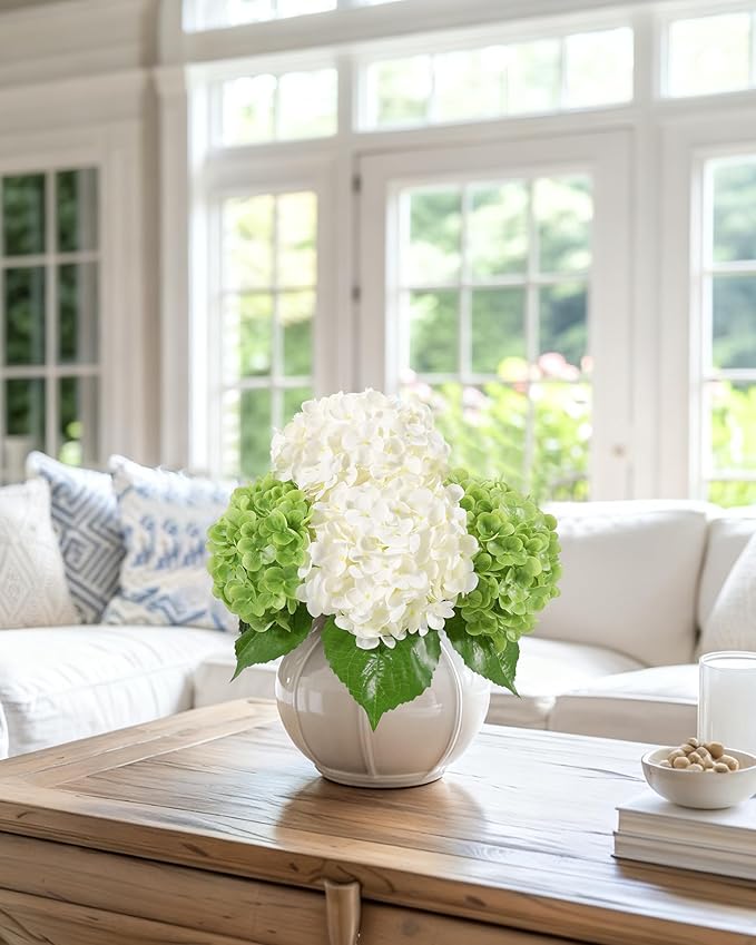 DuHouse 4Pcs Large Hydrangea Artificial Flowers,20 inch Latex Real Touch Hydrangeas for Home Wedding Bouquets Centerpieces Party Living Room Decoration(2Pcs Green+2Pcs White)