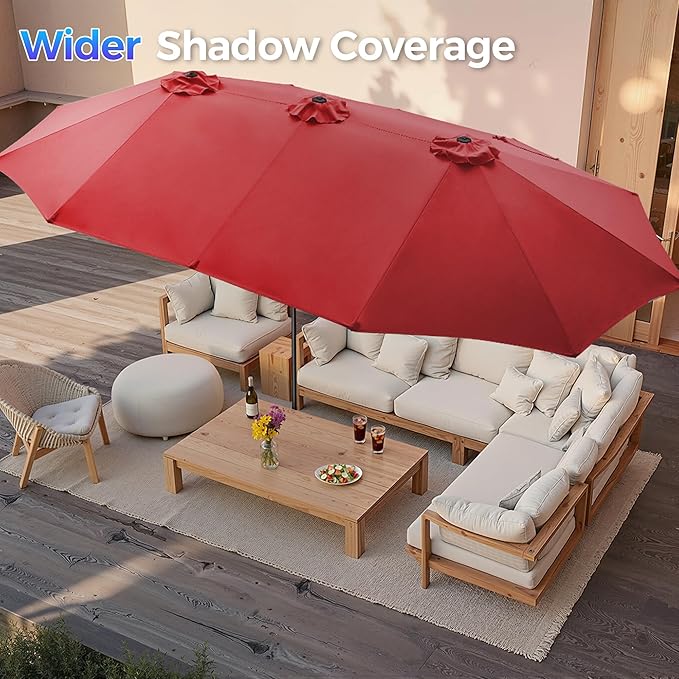 SUPERJARE 15FT Outdoor Umbrella for Patio, Double sided Pool Umbrellas with Fade Resistant Canopy, Large Table Umbrella for Deck, Market, Backyard - Burgundy(No Base)