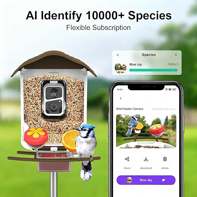 birdsnap® PAV-Bird Feeder with Camera,2K HD with 64GB Card, AI Identify Smart Bird House Cam Solar Panel,Live Stream,Motion Detection,Auto Record Video for Backyard Outdoors,Ideal Gift for Bird Lover