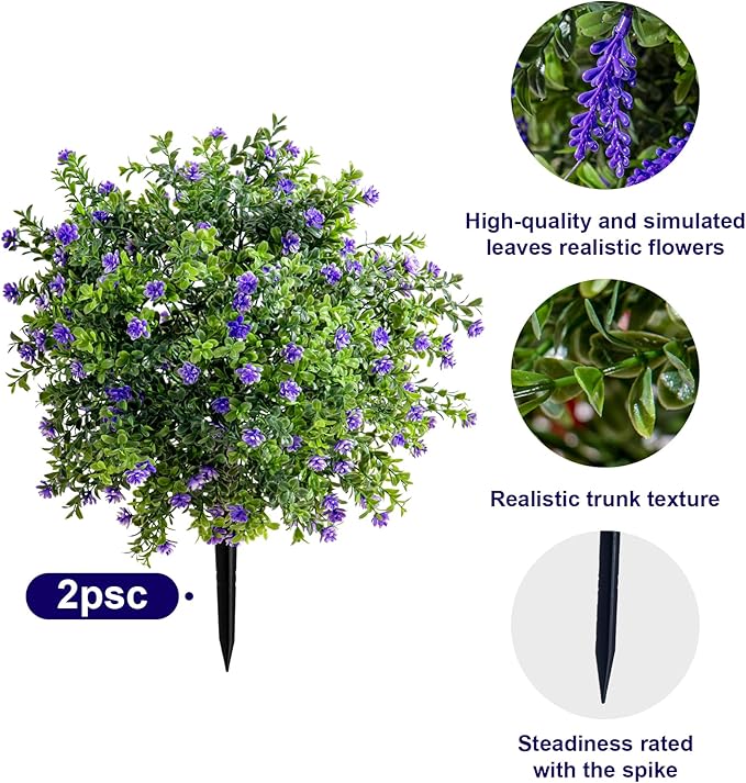 Bailikang 2PCS Artificial Lavender Boxwood Topiary Ball Bush with Ground Spike Fake Evergreen Shrubs Bushes Plants UV Resistant Faux Greenery Shrubs, Fake Green Boxwood Plants for Garden, Yard, Porch