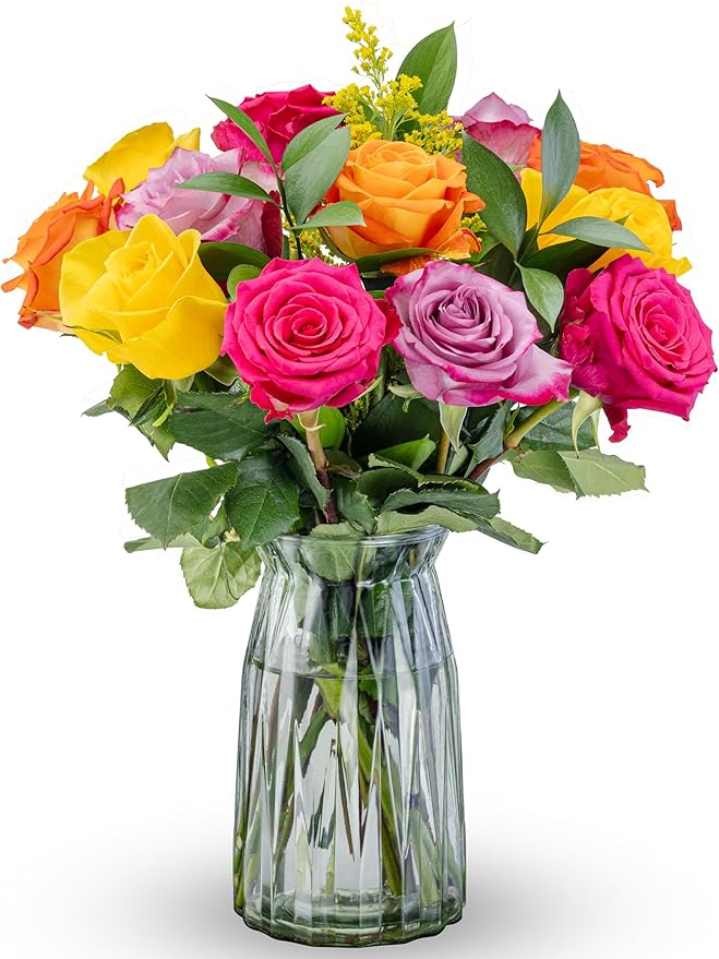 Benchmark Bouquets - One Dozen Long Stem Roses Bouquet Assorted Colors - Fresh Flowers for Delivery - Mothers Day Flowers - Mothers Day Gifts for Mom - Birthday Flowers for Women (Glass Vase Included)