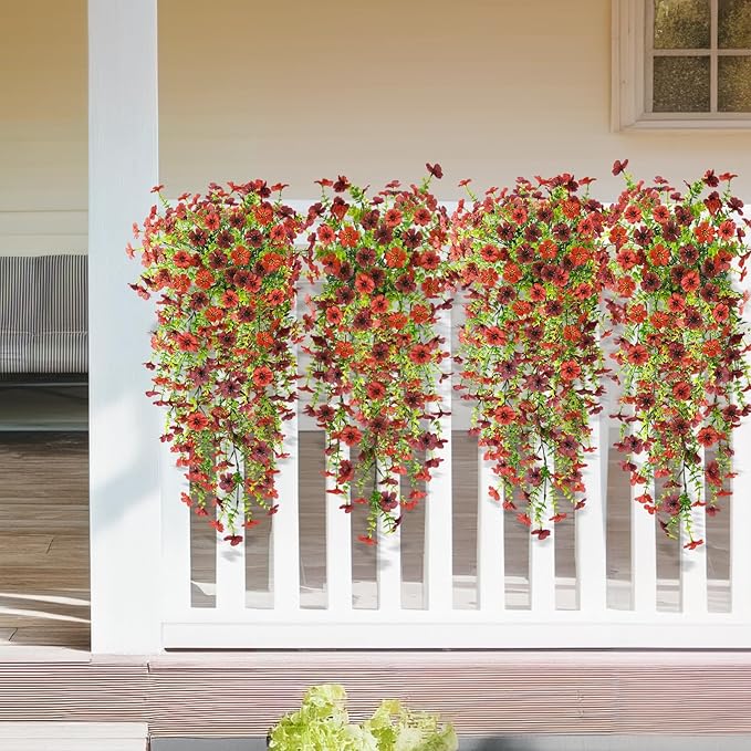 Artificial Hanging Flowers Plants for Outdoor Spring Decoration, 2PCS Faux Silk Daisy UV Resistant Look Real for Outside Home Indoor Planter Porch Garden Yard Decor(Red Brown)