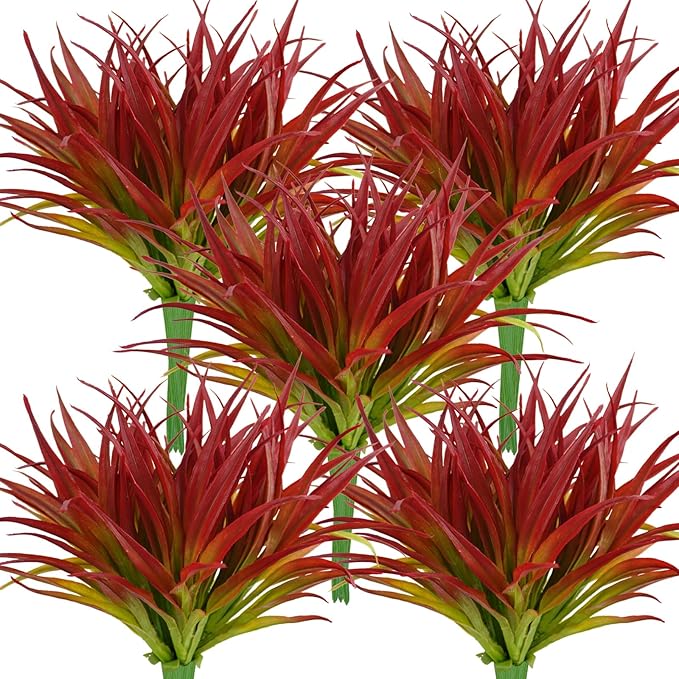 32 Pcs Artificial Grass Fake Plants 17.3in Outdoor Plants UV Resistant Greenery Stems Fake Grass for Home Window Garden Office Patio Pathway Front Porch Décor Light Green & Red