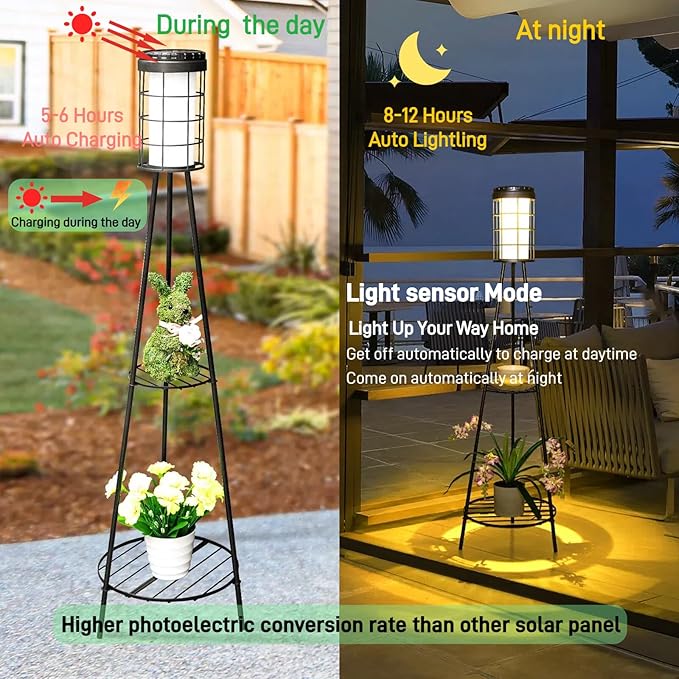 Solar Floor Lamps with Metal Tripod Plant Stand, 45.4 inches Waterproof Solar Powered Outdoor Lights for Patio, Porch, Deck, Yard, Garden Decor (2 Pack)