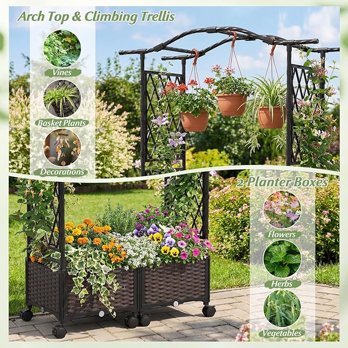Giantex Planter Boxes with Arch Trellis, 5FT Self-Watering Tall Raised Garden Bed w/Wheels, Hanging Roof & Drainage Holes, Outdoor Indoor Tomato Planter for Climbing Vines Vegetables (60"x16"x58")