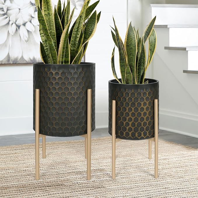 Oakrain Mid Century Planters for Indoor Plants, Set of 2, Modern Decorative Metal Pots for Living Room, Office, Garden or Balcony, Black&Golden Honeycomb, 10" &12"