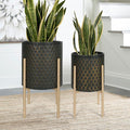 Oakrain Mid Century Planters for Indoor Plants, Set of 2, Modern Decorative Metal Pots for Living Room, Office, Garden or Balcony, Black&Golden Honeycomb, 10" &12"