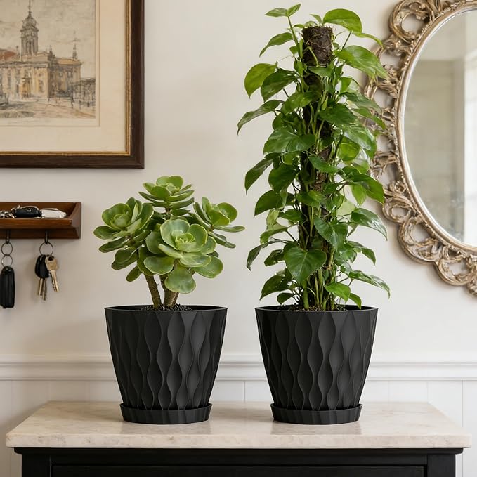 UOUZ 8 Inch Plant Pots, 2 Pack Plastic Planters for Indoor Outdoor with Drainage Holes & Saucers, Waffle Texture Flower Pots for Indoor Plants, Indoor Plant Pots for Monstera, Fiddle Leaf Fig, Black