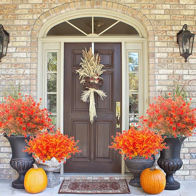 Grunyia Artificial Fall Flowers, Fake Outdoor UV Resistant Autumn Plants for Home Kitchen Christmas Festival Thanksgiving Autumns Decoration(Fall Orange)