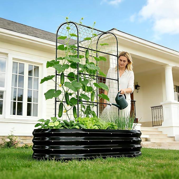 DoCred 2 in 1 Galvanized Raised Garden Bed, 2Pcs Garden Planter Box with 71" H Trellis for Climbing Plants, Outdoor Gardening Raised Beds with Climbing Net for Fruits, Vegetables, Flower (Black)