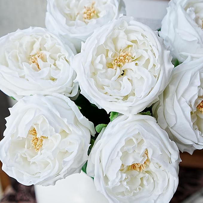 Jahe 6Pcs Fake Austin Flowers David Austin Roses, 17'' Faux Peonies for Flower Arrangements, Home Decor Peony Artificial Flowers, Living Room Decoration Vivid Roses Peonies, White