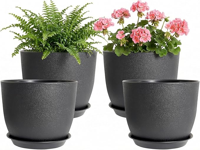 8 Inch Plant Pots Set of 4, Plastic Planters with Drainage Holes and Tray, Flower Pots for Indoor Outdoor Plants and Flowers (Black)