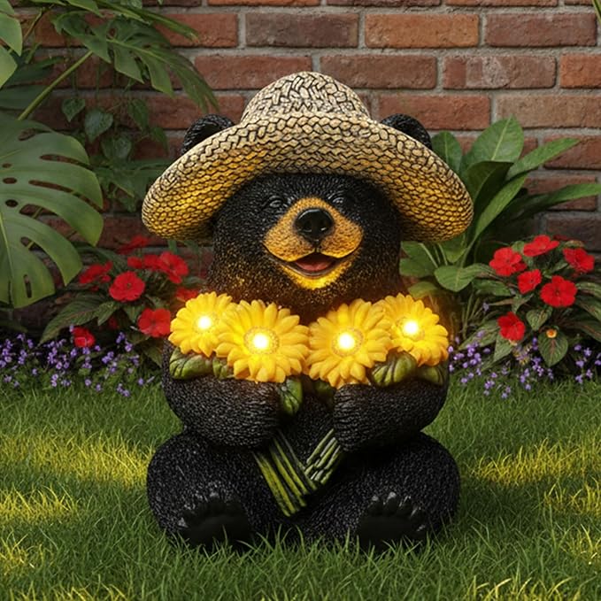 Solar Garden Decor Statues 7.5" Resin Black Bear Figurines with Sunflowers Featuring Straw Hat Waterproof Bear Decor for Outside Yard Patio Porch Decoration Gift for Mom Grandma