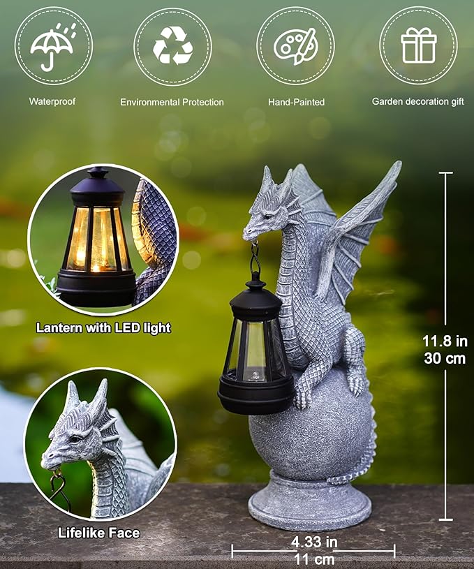 Solar Garden Dragon Statue: Outdoor Figurine with Lantern Lights Weatherproof Resin Decorations for Home Yard Lawn Porch Balcony Patio - Mothers Day Gifts for Mom Women Grandma