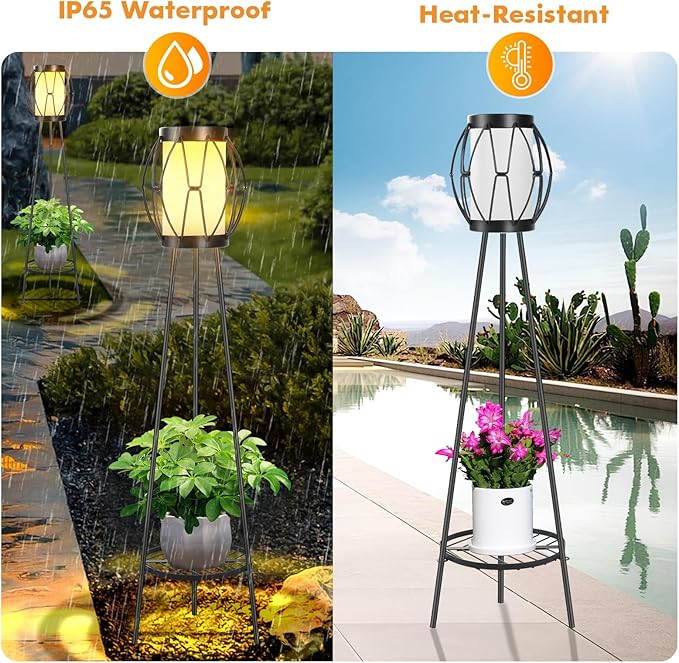 Solar Powered Tripod Floor Lamp with Plant Stand - 36in Outdoor Patio Garden Yard Deck Porch Lighting Decor, Waterproof Solar Light for Backyard Balcony Pathway(2 Pack)