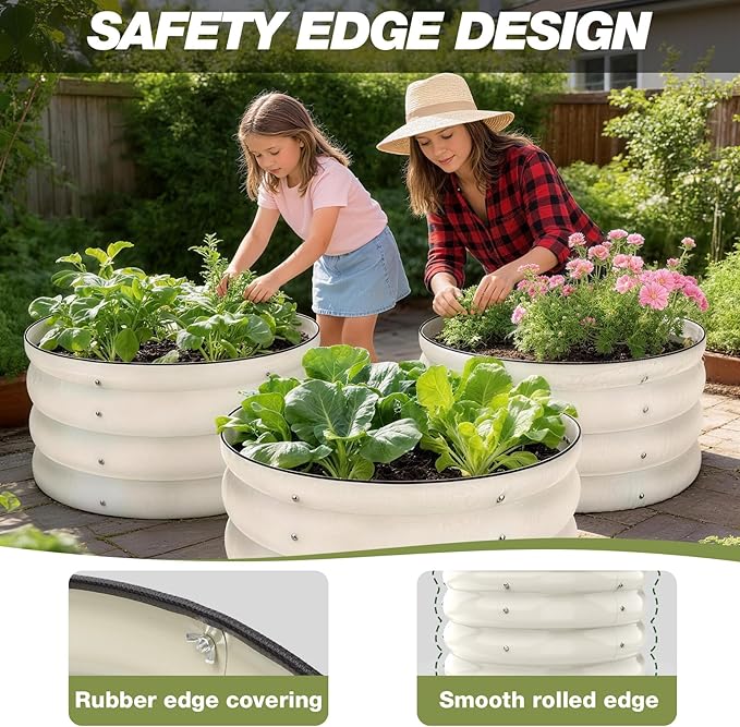 SHALL 8PC Galvanized Raised Garden Bed Kit, 3Pc 2x2x1ft Round Planter Boxes Outdoor W/Mini Seed Spreader, Disk Seeder, 2X Seeding Transplanters, Protective Gloves for Flowers Fruits Vegetables Herbs