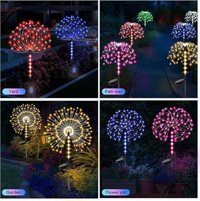 2 Pack 250LED Solar Garden Lights Outdoor, Dual Lighting Modes Firework Lights Solar Powered, Waterproof Twinkle Fairy Light Outside for Yard Patio Pathway Christmas Party Decorative（Warm White）