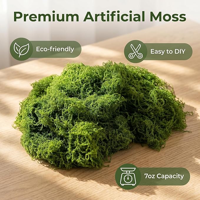 Artificial Moss for Potted Plants Indoor, 7OZ Fake Green Moss, Faux Craft Moss for Terrariums, Fairy Gardens, DIY Crafts, Table Centerpieces, Wedding & Home Decor (Natural Green)