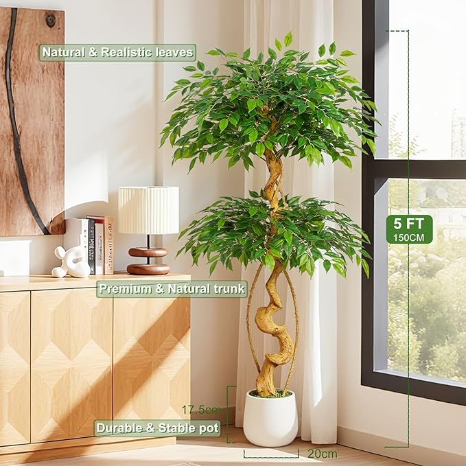5ft Large Ficus Artificial Trees in White Pot, 60" Tall Fake Silk Tree with Natural Curved Trunk, Lush Faux Ficus Tree for Indoor Home Decor, Living Room, Office & Patio