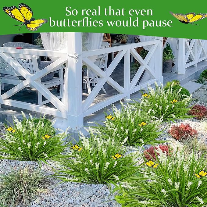 16 Bundles Artificial Outdoor Plants and 2 Pcs Butterfly Stakes Fake Monkey Grass with Flowers UV Resistant Faux Plant Greenery for Outside Planter Porch Patio Garden Window (White)