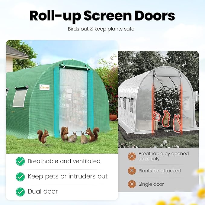 KING BIRD Premium 20x10x6.6FT Greenhouse for Outdoors, Large Walk-in Upgraded Galvanized Metal Frame, Mesh Door Screen Window Improved Zipper Tunnel Hoop for Garden Plant Winter, 2 Stiffeners, Green