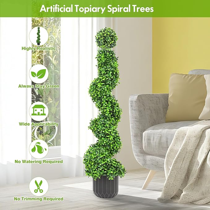 2 Pack 3FT Artificial Spiral Topiary Trees, Realistic Boxwood Trees, Evergreen PE Faux Plants with Durable Pot, Outdoor & Indoor Year-Round Garden, Patio, Porch, Home Entryway Decor