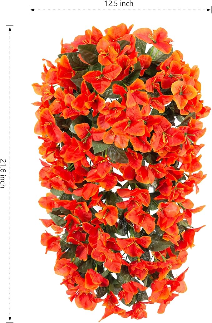 Bougainvillea Artificial Hanging Flowers Plants for Outdoors Decoration, 2pcs Fake Flowers Silk Bougainvillea Vines Realistic UV Resistant Faux Flowers for Outdoor Planters Porch Patio Gardens, Orange
