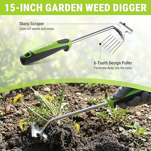WORKPRO 3-Piece Weed Puller Tool Set – 15" 6-Tine Weed Remover, 12" Hand Weeder, 12.5" Crack Weeder, Stainless Steel with Ergonomic Handle for Lawn, Garden, Yard