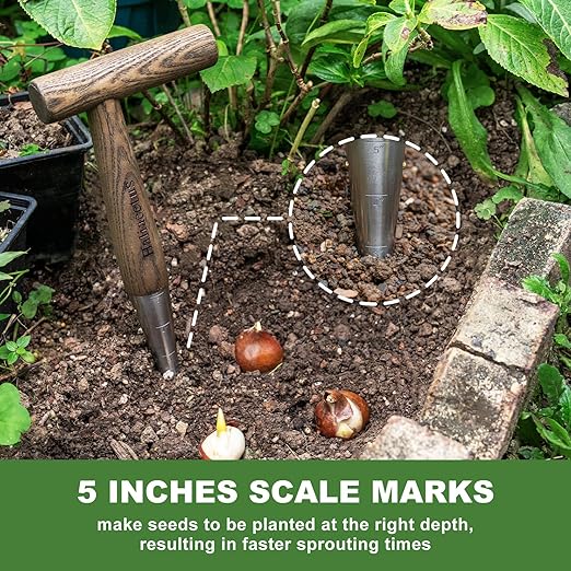 Haliaeetus Dibbler Gardening Tool with 5'' Measuring Scale, Easy to Grip L-Shaped Wood Handle Dibbler, Stamped Stainless Steel Tip Seed Dibber, 11.3'' Dibber for Sowing Seeds and Planting Seedlings