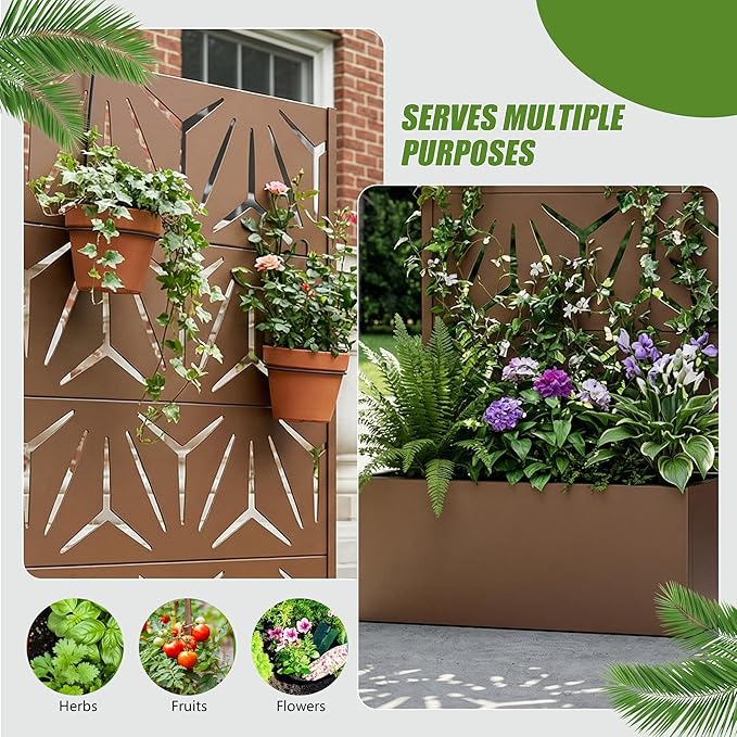 Casaphoria Metal Raised Garden Bed with Trellis, 59"x30"x12" Planter Box for Climbing Plants, Vegetables & Vines, Features Drainage Holes and Privacy Screen, Brown-Star
