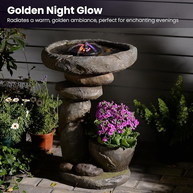 Solar Fountain for Bird Bath, Water Fountain Outdoor with Planter, Freestanding Rock Solar Waterfall with LED Lights for Garden, Patio, Yard